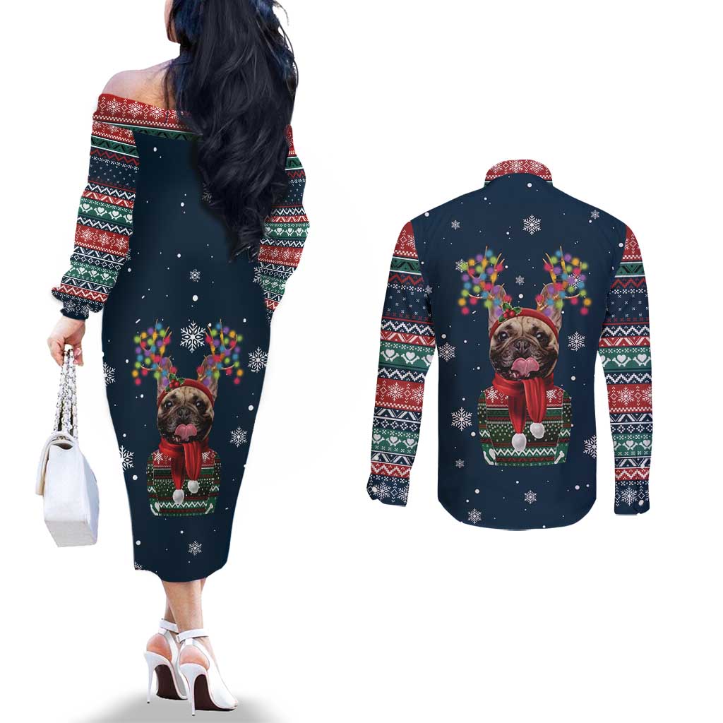 French Bulldog Reindeer Antlers Lights Couples Matching Off The Shoulder Long Sleeve Dress and Long Sleeve Button Shirt with Red Green Winter Pattern Design - Wonder Print Shop