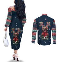 French Bulldog Reindeer Antlers Lights Couples Matching Off The Shoulder Long Sleeve Dress and Long Sleeve Button Shirt with Red Green Winter Pattern Design - Wonder Print Shop