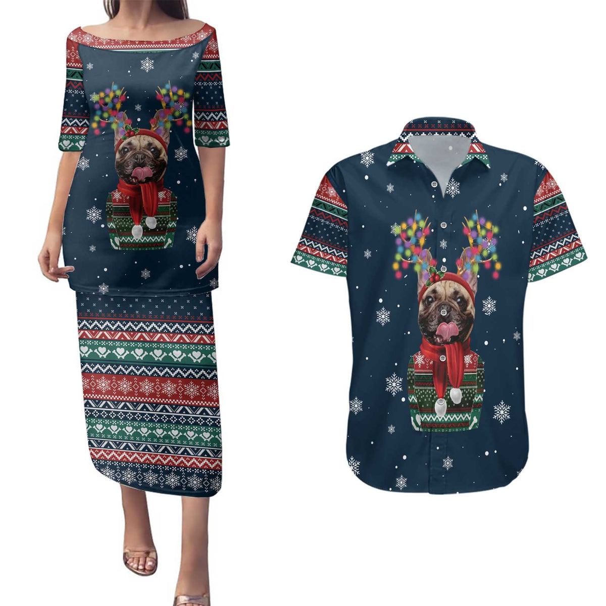French Bulldog Reindeer Antlers Lights Couples Matching Puletasi and Hawaiian Shirt with Red Green Winter Pattern Design - Wonder Print Shop