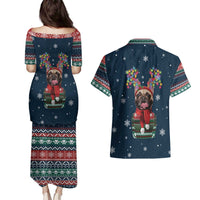 French Bulldog Reindeer Antlers Lights Couples Matching Puletasi and Hawaiian Shirt with Red Green Winter Pattern Design - Wonder Print Shop
