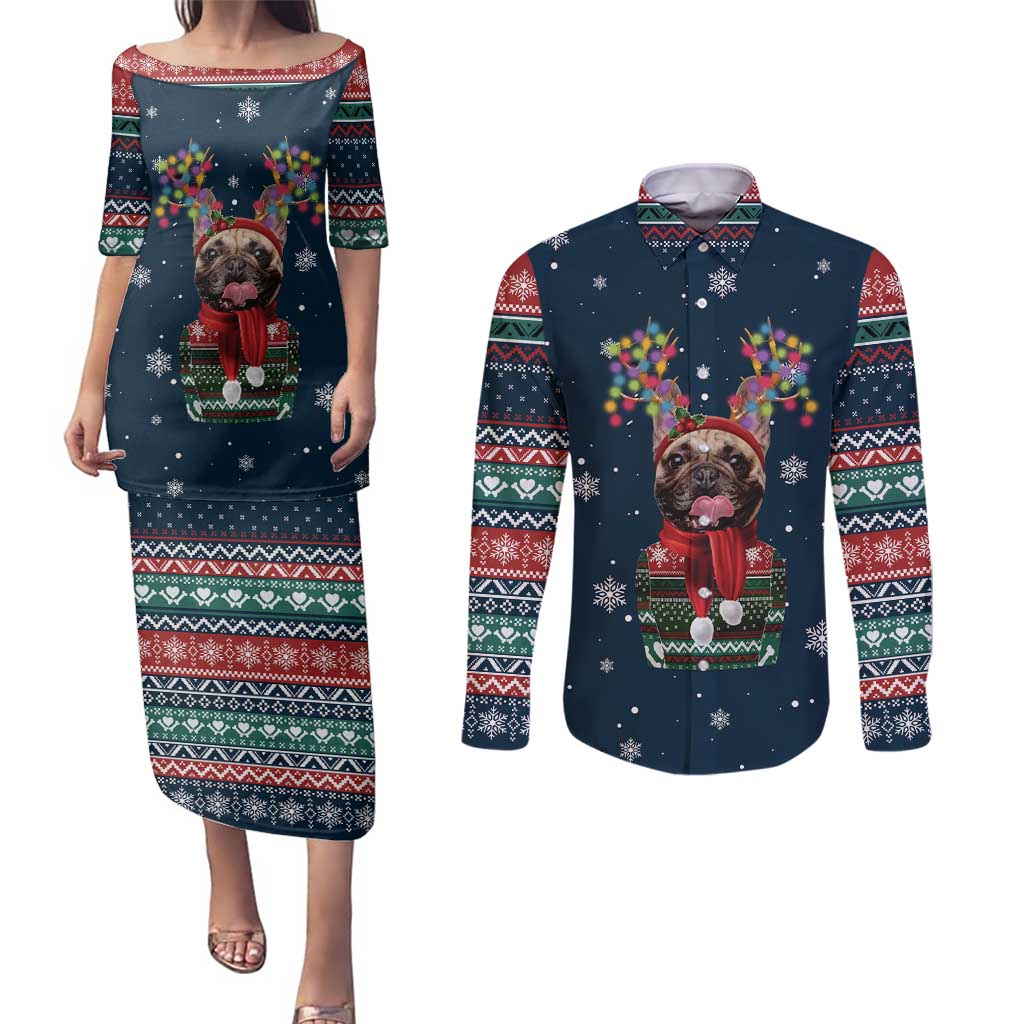 French Bulldog Reindeer Antlers Lights Couples Matching Puletasi and Long Sleeve Button Shirt with Red Green Winter Pattern Design - Wonder Print Shop