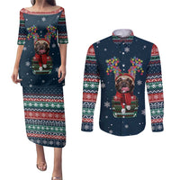 French Bulldog Reindeer Antlers Lights Couples Matching Puletasi and Long Sleeve Button Shirt with Red Green Winter Pattern Design - Wonder Print Shop