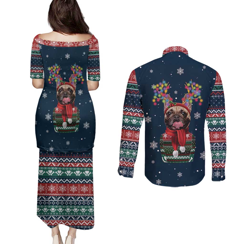 French Bulldog Reindeer Antlers Lights Couples Matching Puletasi and Long Sleeve Button Shirt with Red Green Winter Pattern Design - Wonder Print Shop