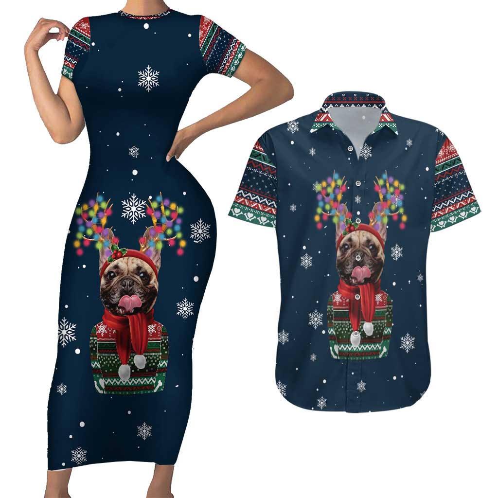 French Bulldog Reindeer Antlers Lights Couples Matching Short Sleeve Bodycon Dress and Hawaiian Shirt with Red Green Winter Pattern Design - Wonder Print Shop