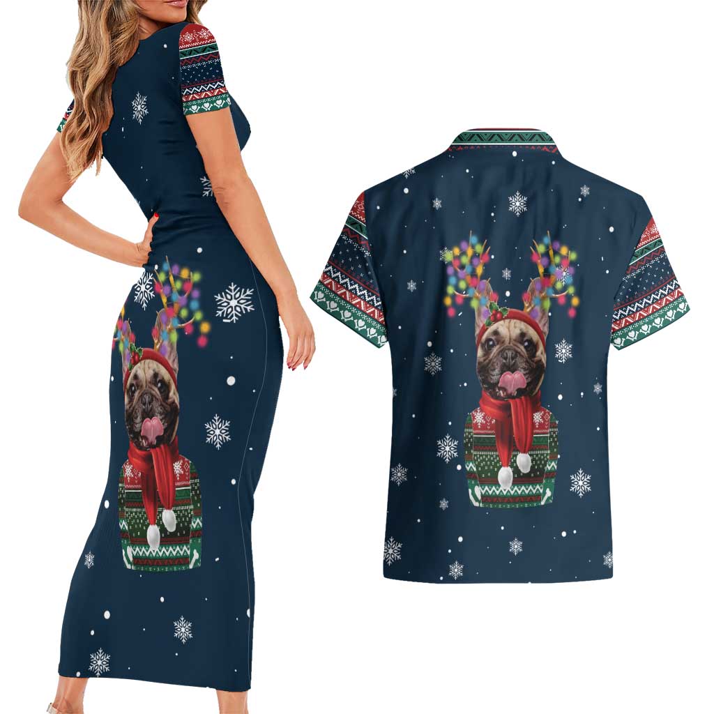 French Bulldog Reindeer Antlers Lights Couples Matching Short Sleeve Bodycon Dress and Hawaiian Shirt with Red Green Winter Pattern Design - Wonder Print Shop