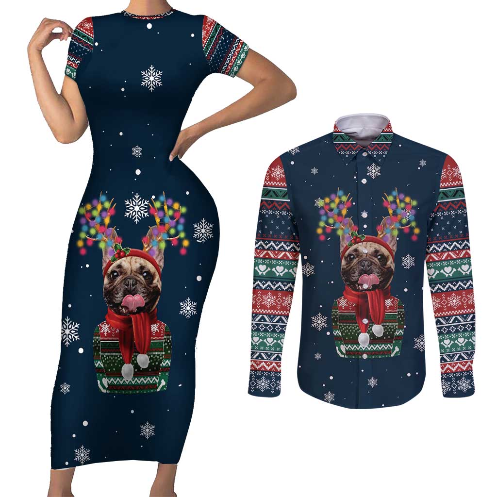 French Bulldog Reindeer Antlers Lights Couples Matching Short Sleeve Bodycon Dress and Long Sleeve Button Shirt with Red Green Winter Pattern Design - Wonder Print Shop