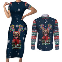 French Bulldog Reindeer Antlers Lights Couples Matching Short Sleeve Bodycon Dress and Long Sleeve Button Shirt with Red Green Winter Pattern Design - Wonder Print Shop