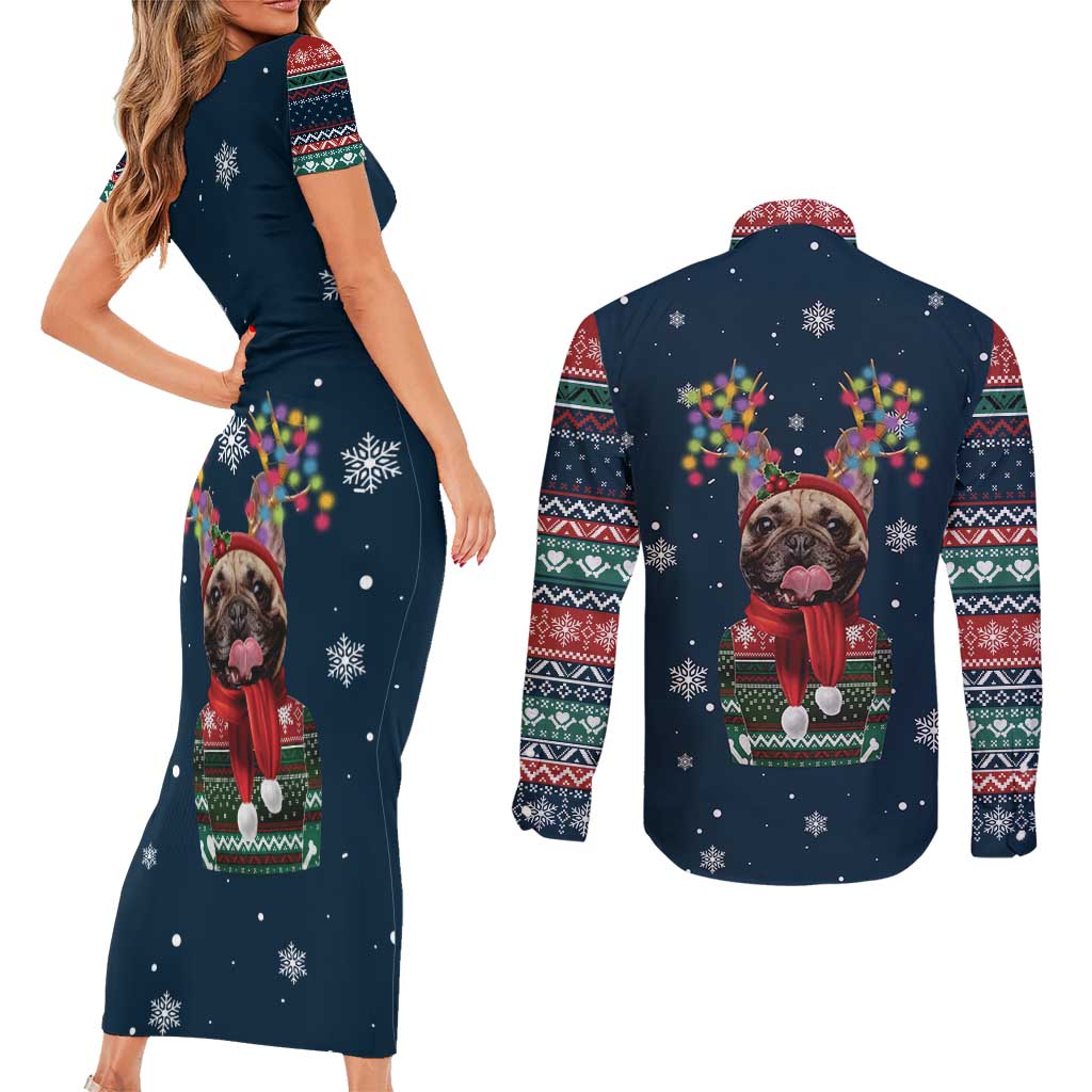 French Bulldog Reindeer Antlers Lights Couples Matching Short Sleeve Bodycon Dress and Long Sleeve Button Shirt with Red Green Winter Pattern Design - Wonder Print Shop
