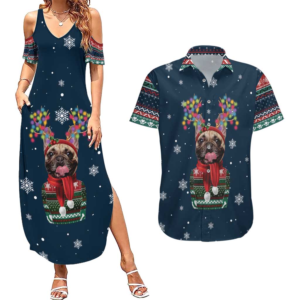 French Bulldog Reindeer Antlers Lights Couples Matching Summer Maxi Dress and Hawaiian Shirt with Red Green Winter Pattern Design - Wonder Print Shop