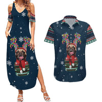 French Bulldog Reindeer Antlers Lights Couples Matching Summer Maxi Dress and Hawaiian Shirt with Red Green Winter Pattern Design - Wonder Print Shop