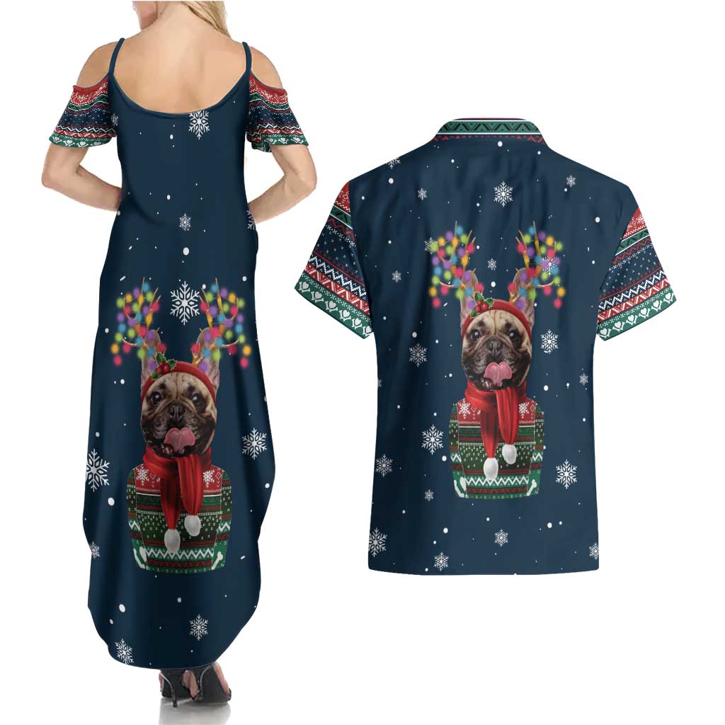 French Bulldog Reindeer Antlers Lights Couples Matching Summer Maxi Dress and Hawaiian Shirt with Red Green Winter Pattern Design - Wonder Print Shop