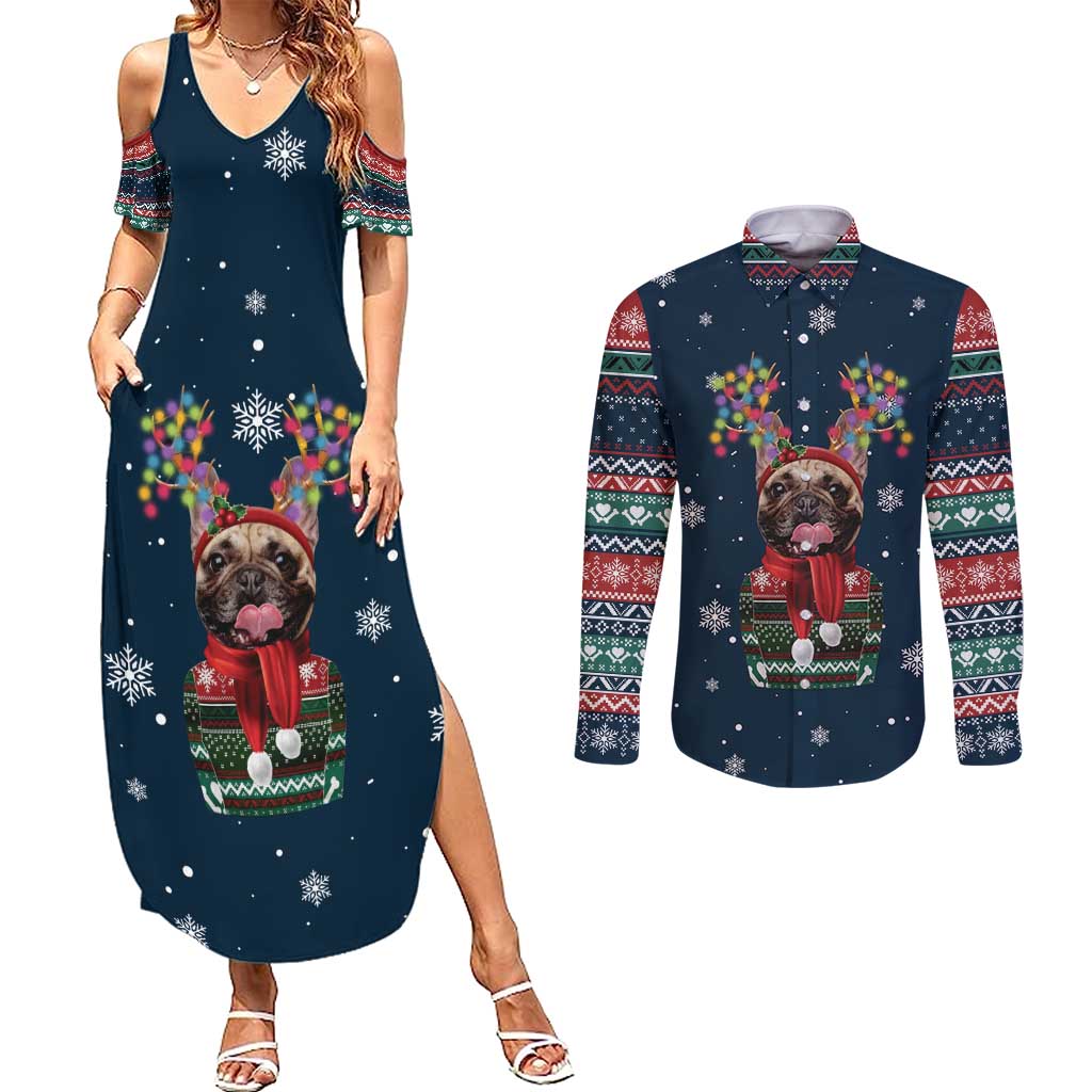 French Bulldog Reindeer Antlers Lights Couples Matching Summer Maxi Dress and Long Sleeve Button Shirt with Red Green Winter Pattern Design - Wonder Print Shop