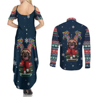 French Bulldog Reindeer Antlers Lights Couples Matching Summer Maxi Dress and Long Sleeve Button Shirt with Red Green Winter Pattern Design - Wonder Print Shop