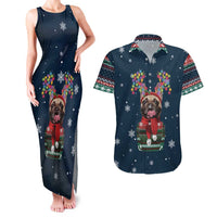 French Bulldog Reindeer Antlers Lights Couples Matching Tank Maxi Dress and Hawaiian Shirt with Red Green Winter Pattern Design - Wonder Print Shop