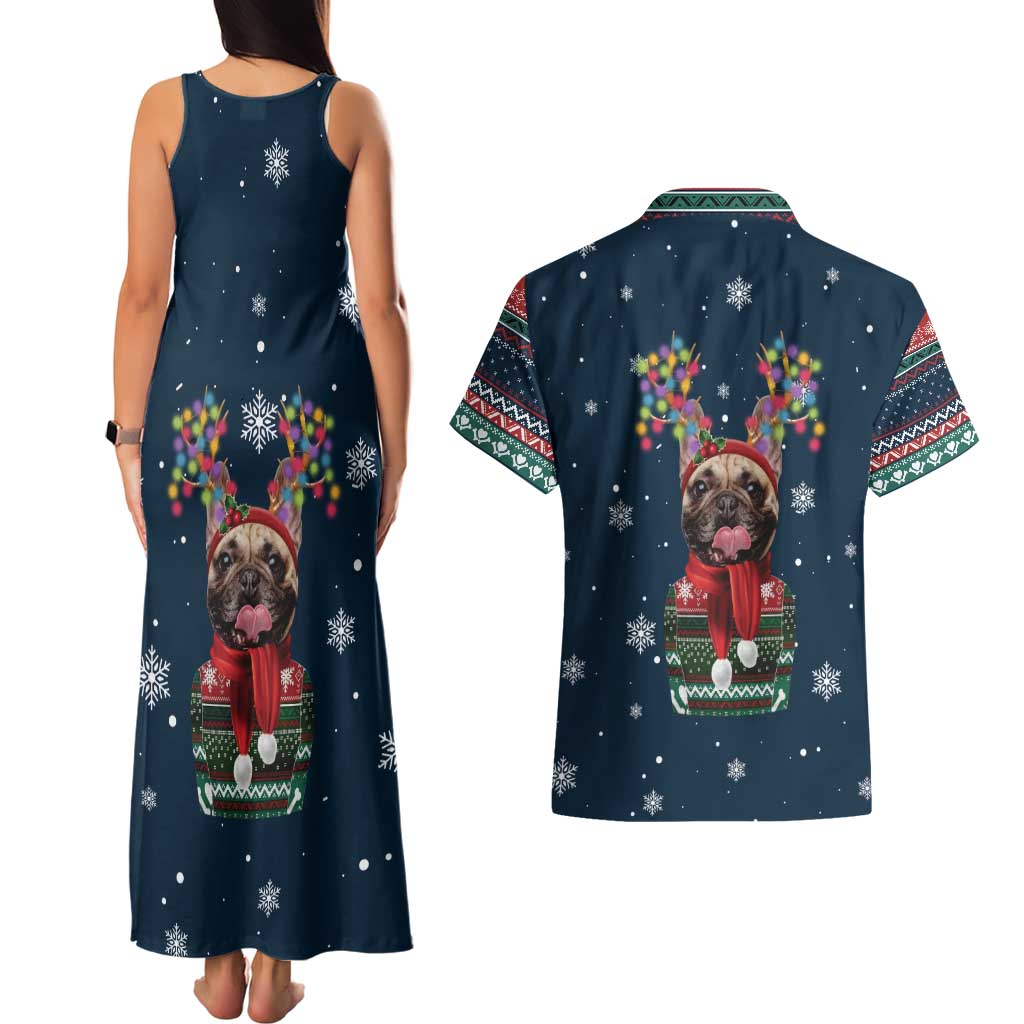 French Bulldog Reindeer Antlers Lights Couples Matching Tank Maxi Dress and Hawaiian Shirt with Red Green Winter Pattern Design - Wonder Print Shop
