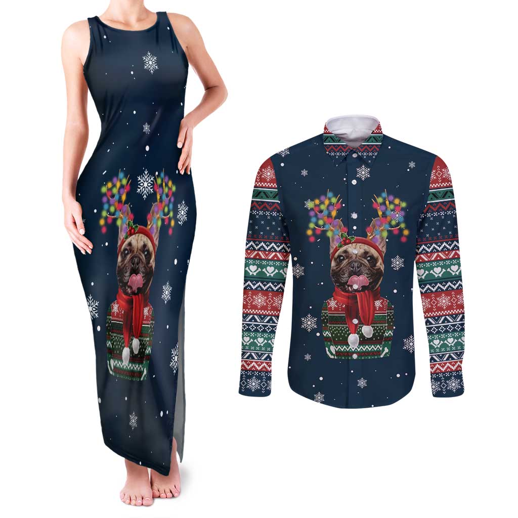 French Bulldog Reindeer Antlers Lights Couples Matching Tank Maxi Dress and Long Sleeve Button Shirt with Red Green Winter Pattern Design - Wonder Print Shop
