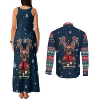 French Bulldog Reindeer Antlers Lights Couples Matching Tank Maxi Dress and Long Sleeve Button Shirt with Red Green Winter Pattern Design - Wonder Print Shop