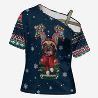 French Bulldog Reindeer Antlers Lights Cross Shoulder Shirt with Red Green Winter Pattern Design - Wonder Print Shop