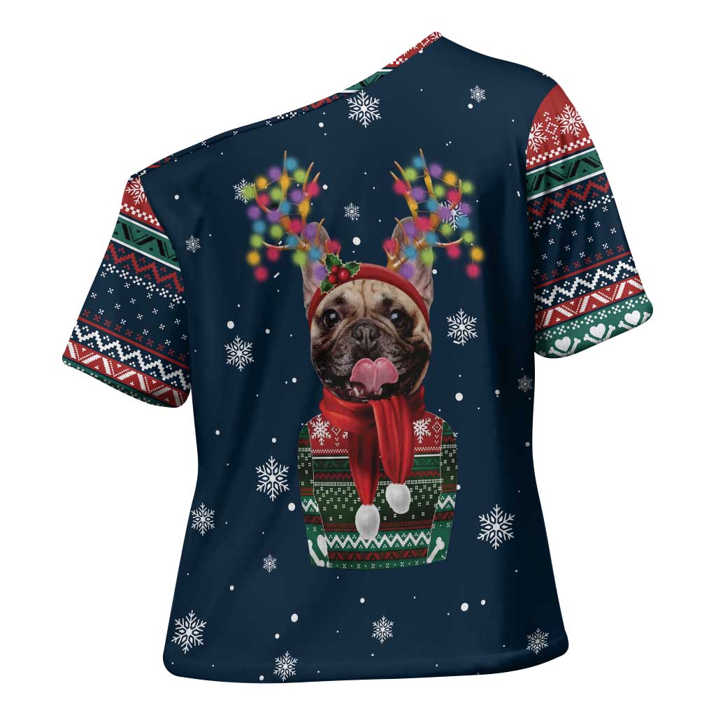 French Bulldog Reindeer Antlers Lights Cross Shoulder Shirt with Red Green Winter Pattern Design - Wonder Print Shop