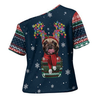 French Bulldog Reindeer Antlers Lights Cross Shoulder Shirt with Red Green Winter Pattern Design - Wonder Print Shop