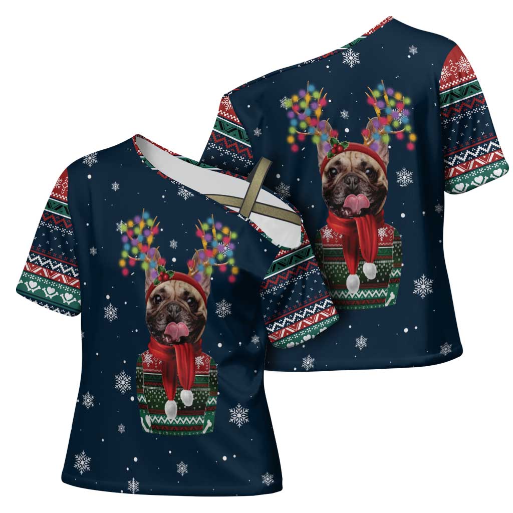 French Bulldog Reindeer Antlers Lights Cross Shoulder Shirt with Red Green Winter Pattern Design - Wonder Print Shop