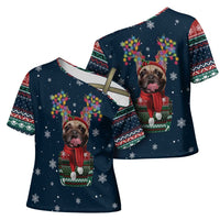 French Bulldog Reindeer Antlers Lights Cross Shoulder Shirt with Red Green Winter Pattern Design - Wonder Print Shop