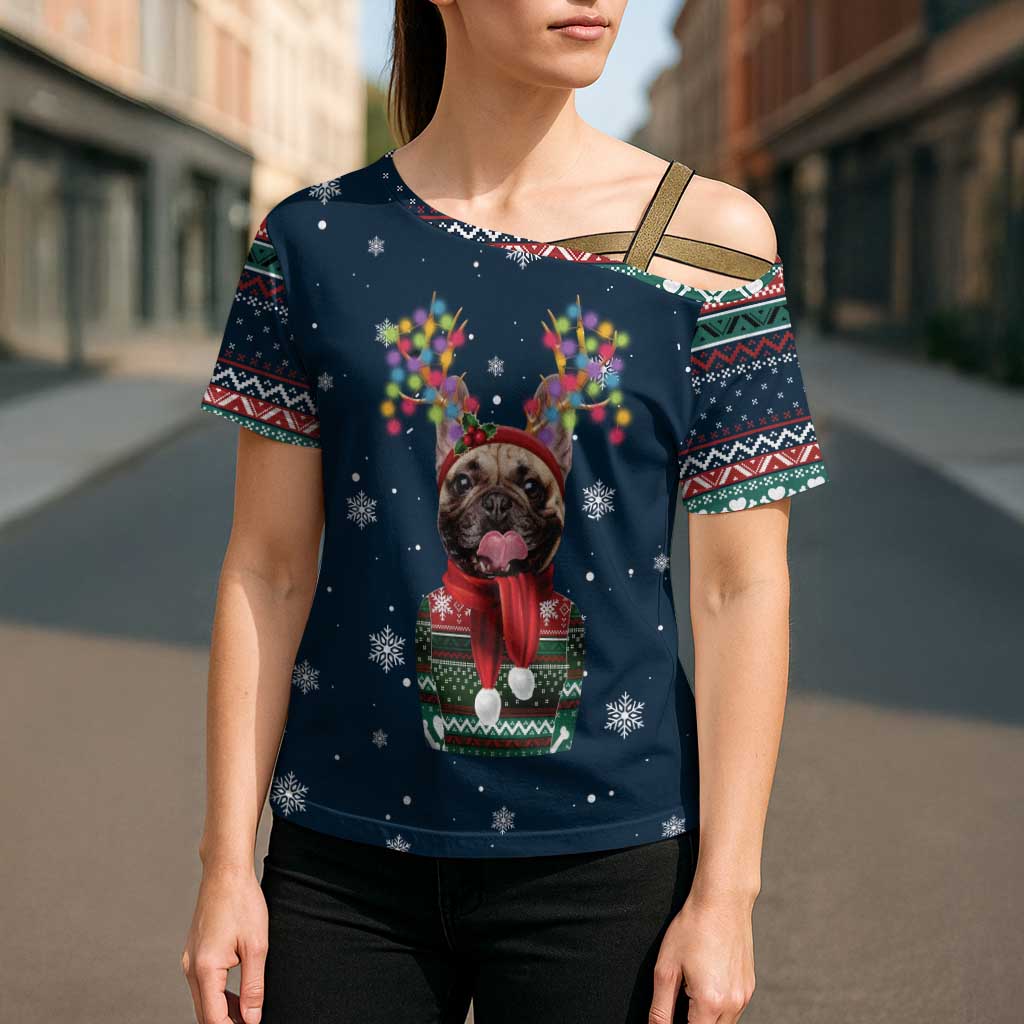 French Bulldog Reindeer Antlers Lights Cross Shoulder Shirt with Red Green Winter Pattern Design - Wonder Print Shop