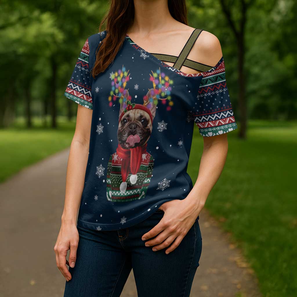 French Bulldog Reindeer Antlers Lights Cross Shoulder Shirt with Red Green Winter Pattern Design - Wonder Print Shop