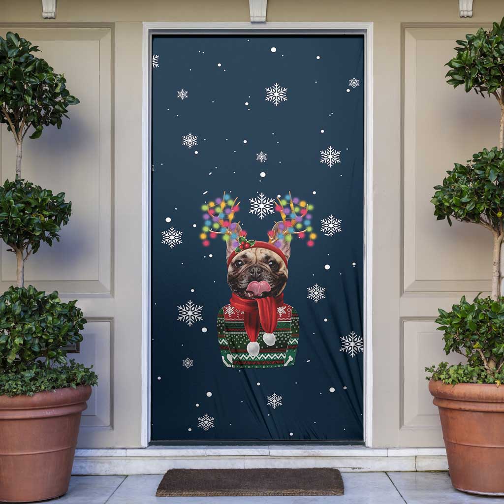 French Bulldog Reindeer Antlers Lights Door Cover with Red Green Winter Pattern Design - Wonder Print Shop