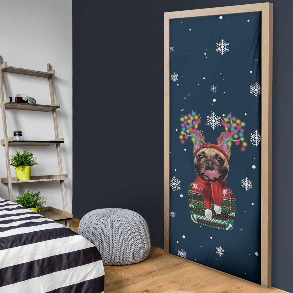 French Bulldog Reindeer Antlers Lights Door Cover with Red Green Winter Pattern Design - Wonder Print Shop