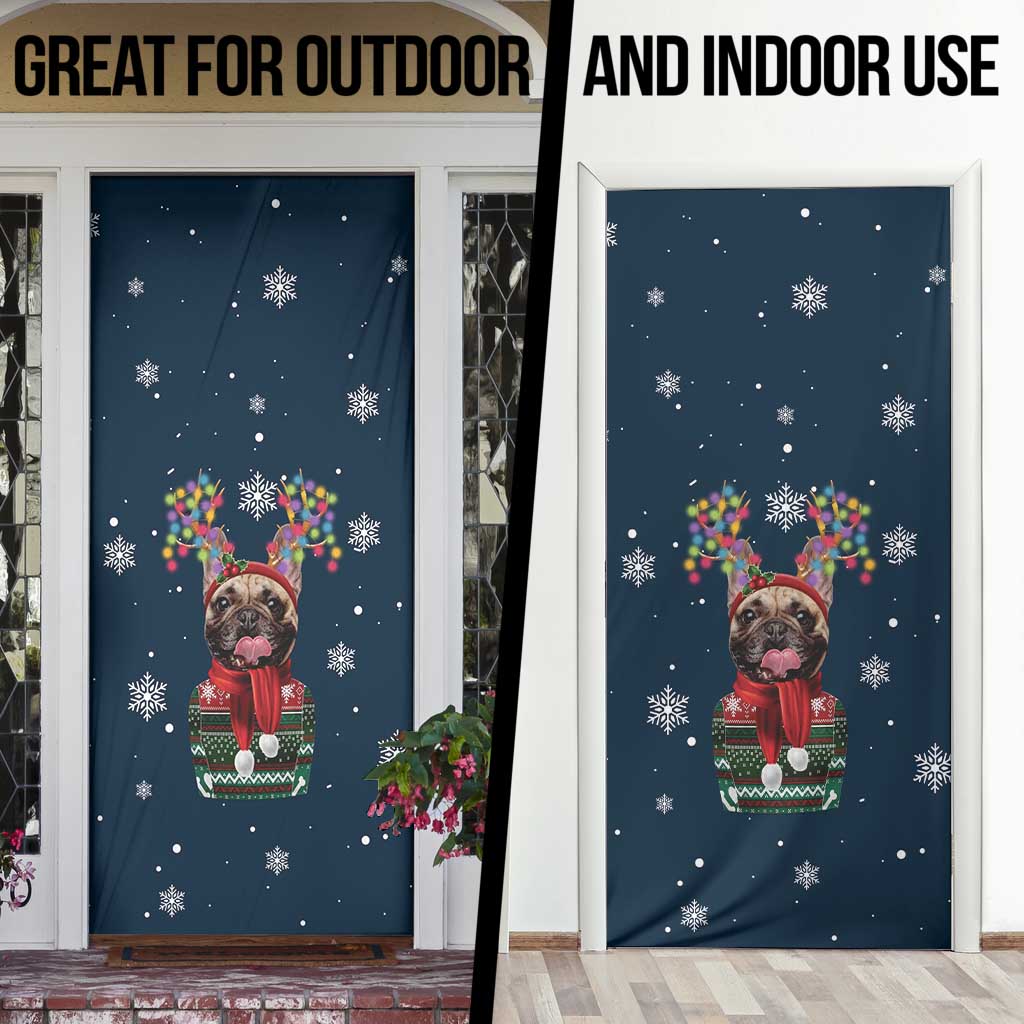 French Bulldog Reindeer Antlers Lights Door Cover with Red Green Winter Pattern Design - Wonder Print Shop