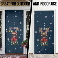 French Bulldog Reindeer Antlers Lights Door Cover with Red Green Winter Pattern Design - Wonder Print Shop