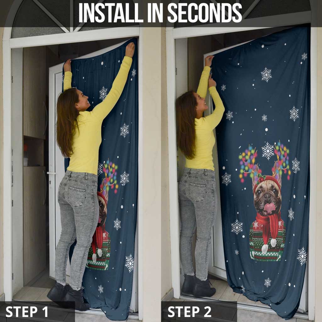 French Bulldog Reindeer Antlers Lights Door Cover with Red Green Winter Pattern Design - Wonder Print Shop