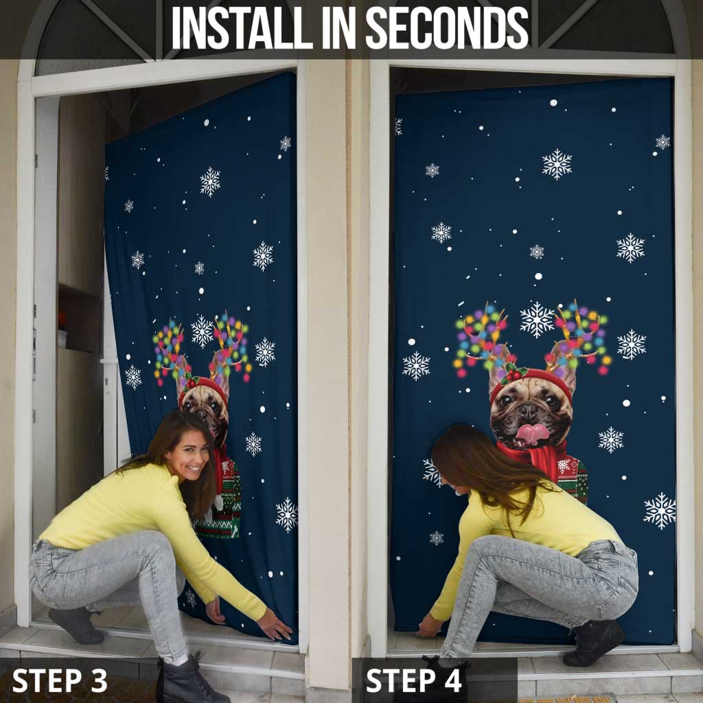 French Bulldog Reindeer Antlers Lights Door Cover with Red Green Winter Pattern Design - Wonder Print Shop
