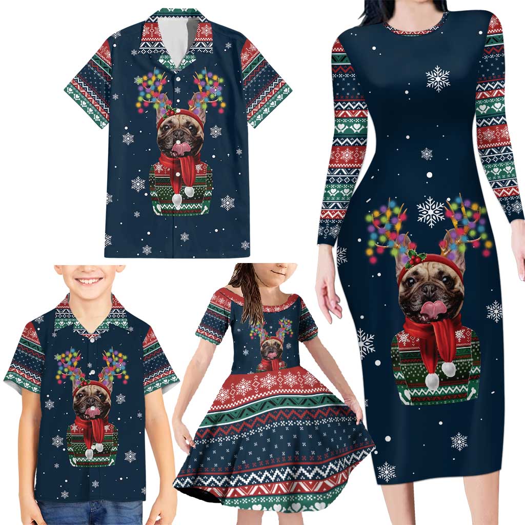 French Bulldog Reindeer Antlers Lights Family Matching Long Sleeve Bodycon Dress and Hawaiian Shirt with Red Green Winter Pattern Design - Wonder Print Shop