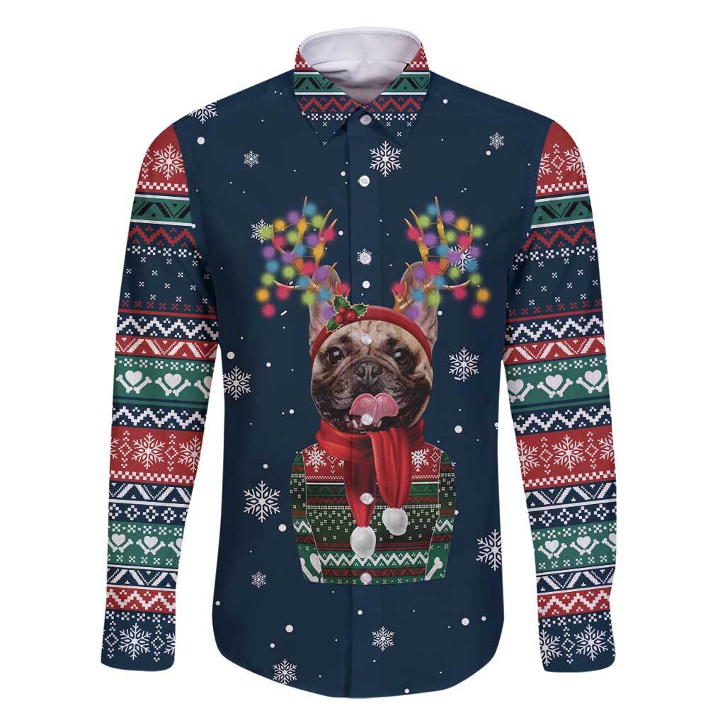French Bulldog Reindeer Antlers Lights Family Matching Long Sleeve Bodycon Dress and Hawaiian Shirt with Red Green Winter Pattern Design - Wonder Print Shop