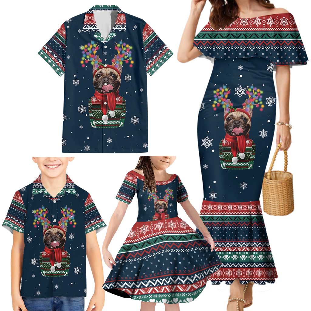 French Bulldog Reindeer Antlers Lights Family Matching Mermaid Dress and Hawaiian Shirt with Red Green Winter Pattern Design - Wonder Print Shop