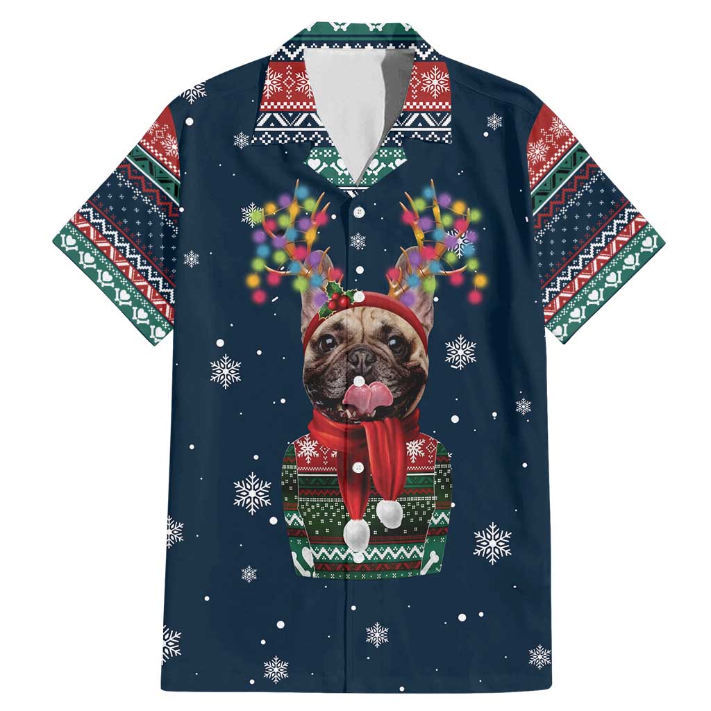 French Bulldog Reindeer Antlers Lights Family Matching Mermaid Dress and Hawaiian Shirt with Red Green Winter Pattern Design - Wonder Print Shop