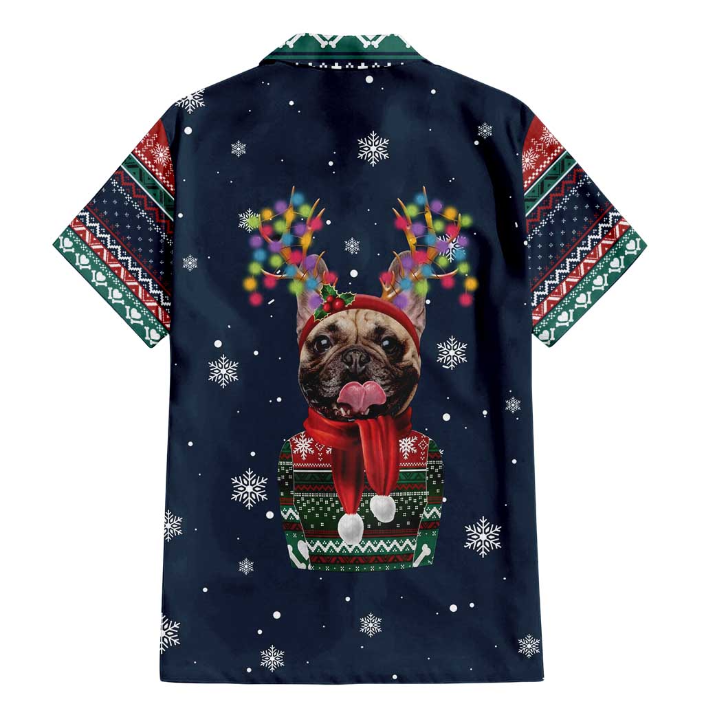 French Bulldog Reindeer Antlers Lights Family Matching Mermaid Dress and Hawaiian Shirt with Red Green Winter Pattern Design - Wonder Print Shop