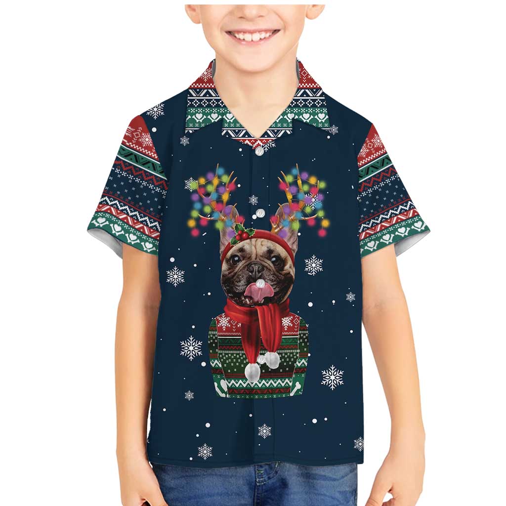French Bulldog Reindeer Antlers Lights Family Matching Mermaid Dress and Hawaiian Shirt with Red Green Winter Pattern Design - Wonder Print Shop