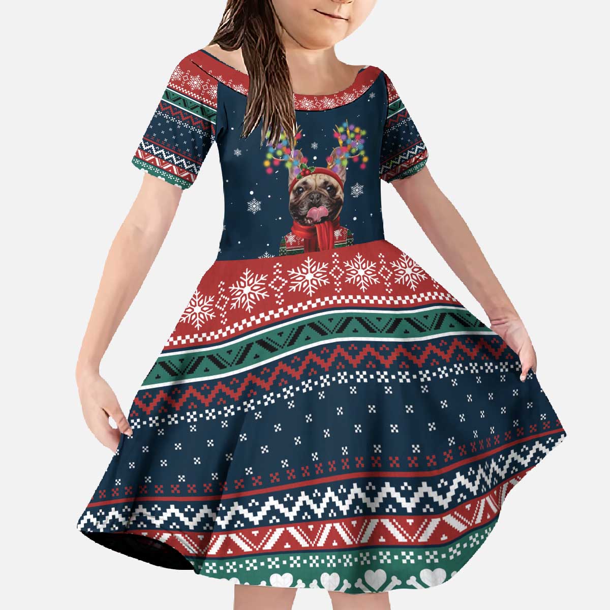 French Bulldog Reindeer Antlers Lights Family Matching Off The Shoulder Long Sleeve Dress and Hawaiian Shirt with Red Green Winter Pattern Design - Wonder Print Shop
