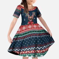 French Bulldog Reindeer Antlers Lights Family Matching Off The Shoulder Long Sleeve Dress and Hawaiian Shirt with Red Green Winter Pattern Design - Wonder Print Shop