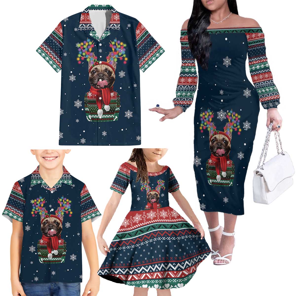 French Bulldog Reindeer Antlers Lights Family Matching Off The Shoulder Long Sleeve Dress and Hawaiian Shirt with Red Green Winter Pattern Design - Wonder Print Shop