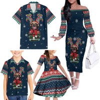 French Bulldog Reindeer Antlers Lights Family Matching Off The Shoulder Long Sleeve Dress and Hawaiian Shirt with Red Green Winter Pattern Design - Wonder Print Shop