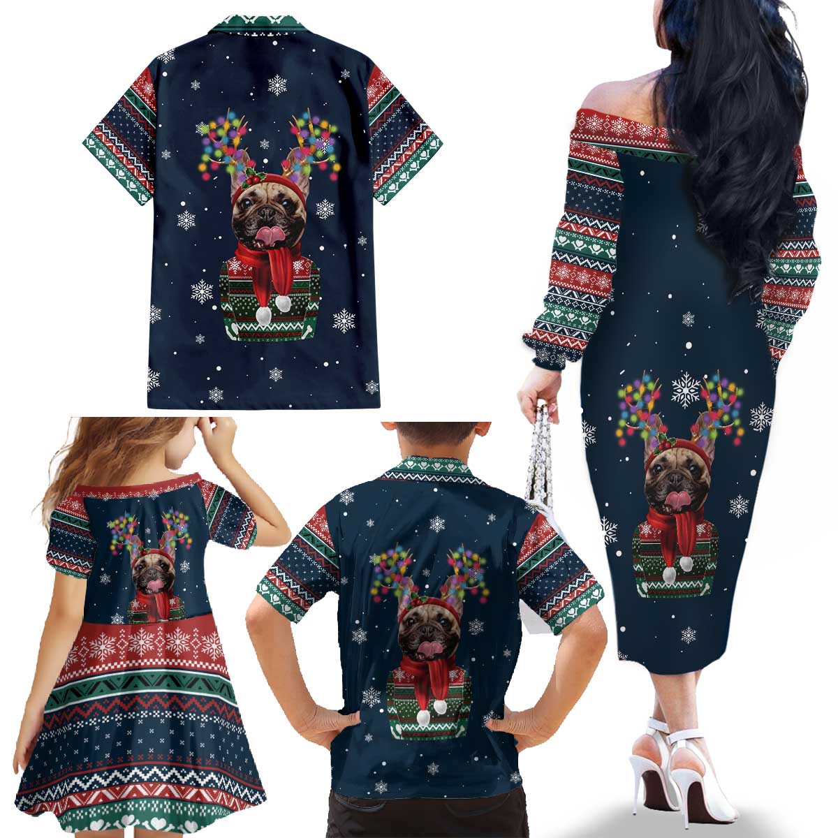 French Bulldog Reindeer Antlers Lights Family Matching Off The Shoulder Long Sleeve Dress and Hawaiian Shirt with Red Green Winter Pattern Design - Wonder Print Shop
