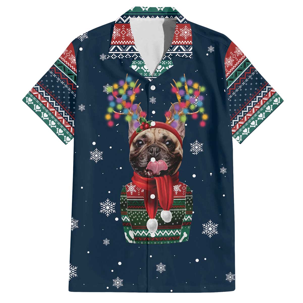 French Bulldog Reindeer Antlers Lights Family Matching Off The Shoulder Long Sleeve Dress and Hawaiian Shirt with Red Green Winter Pattern Design - Wonder Print Shop