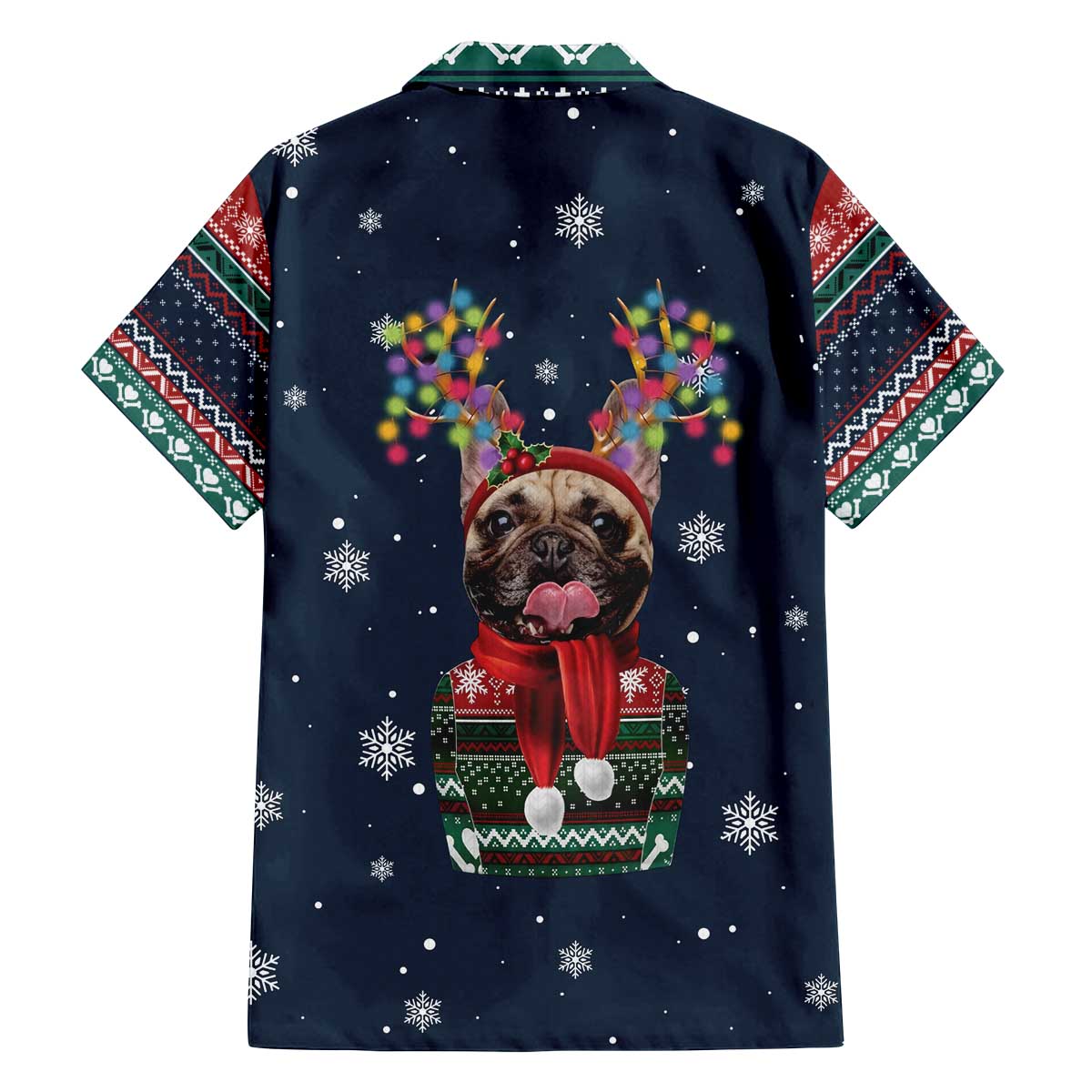 French Bulldog Reindeer Antlers Lights Family Matching Off The Shoulder Long Sleeve Dress and Hawaiian Shirt with Red Green Winter Pattern Design - Wonder Print Shop