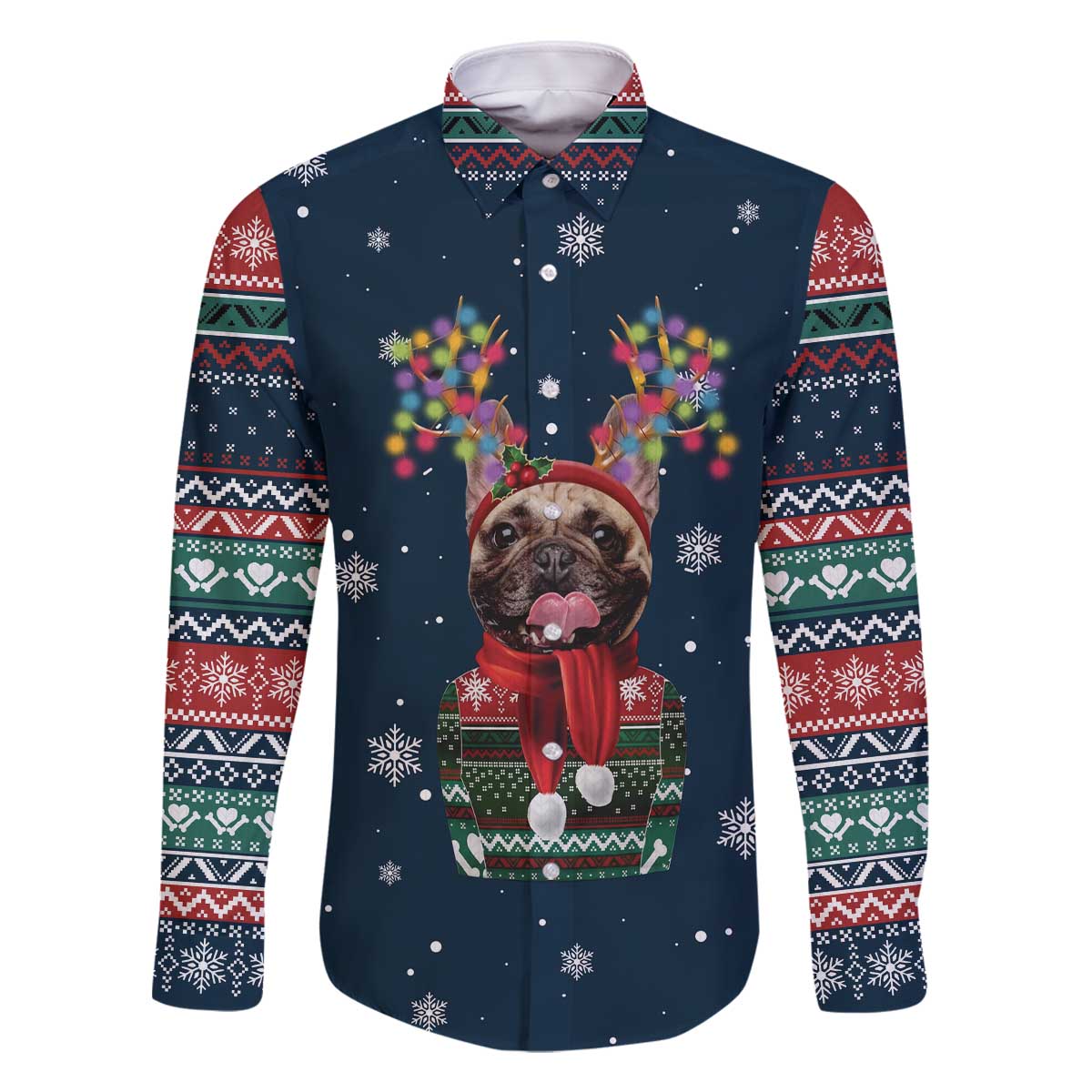French Bulldog Reindeer Antlers Lights Family Matching Off The Shoulder Long Sleeve Dress and Hawaiian Shirt with Red Green Winter Pattern Design - Wonder Print Shop