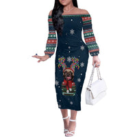 French Bulldog Reindeer Antlers Lights Family Matching Off The Shoulder Long Sleeve Dress and Hawaiian Shirt with Red Green Winter Pattern Design - Wonder Print Shop
