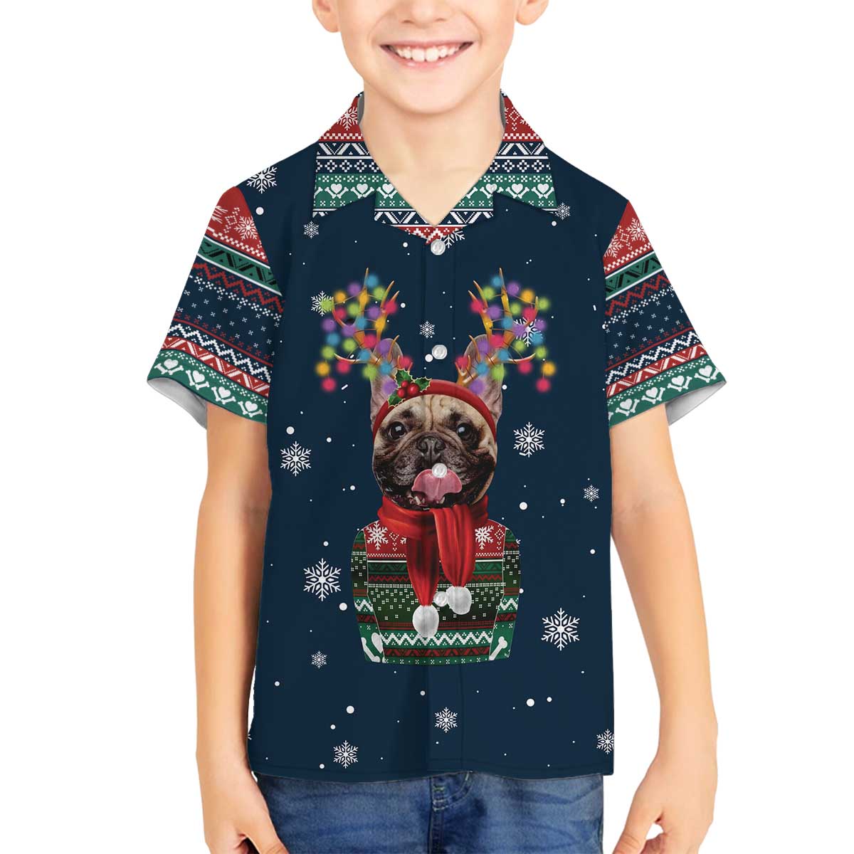 French Bulldog Reindeer Antlers Lights Family Matching Off The Shoulder Long Sleeve Dress and Hawaiian Shirt with Red Green Winter Pattern Design - Wonder Print Shop